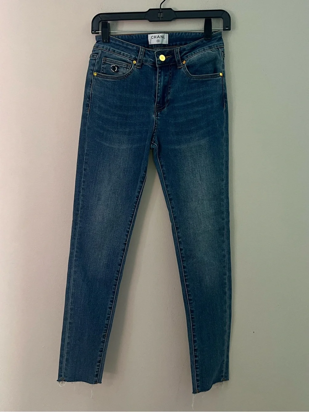 CHANEL Women's Blue Skinny Jeans with Gold-Tone Studs
